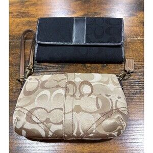 Coach Beige Signature Canvas Beige/Gold Wristlet Pouch + Black Organizer Wallet